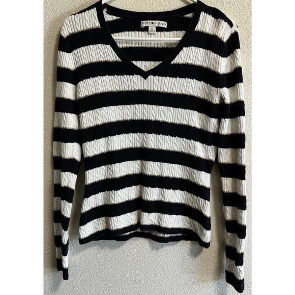Tommy Hilfiger Women’s Size M Cable Knit Sweater V Neck Metallic Academia Preppy - Picture 1 of 8